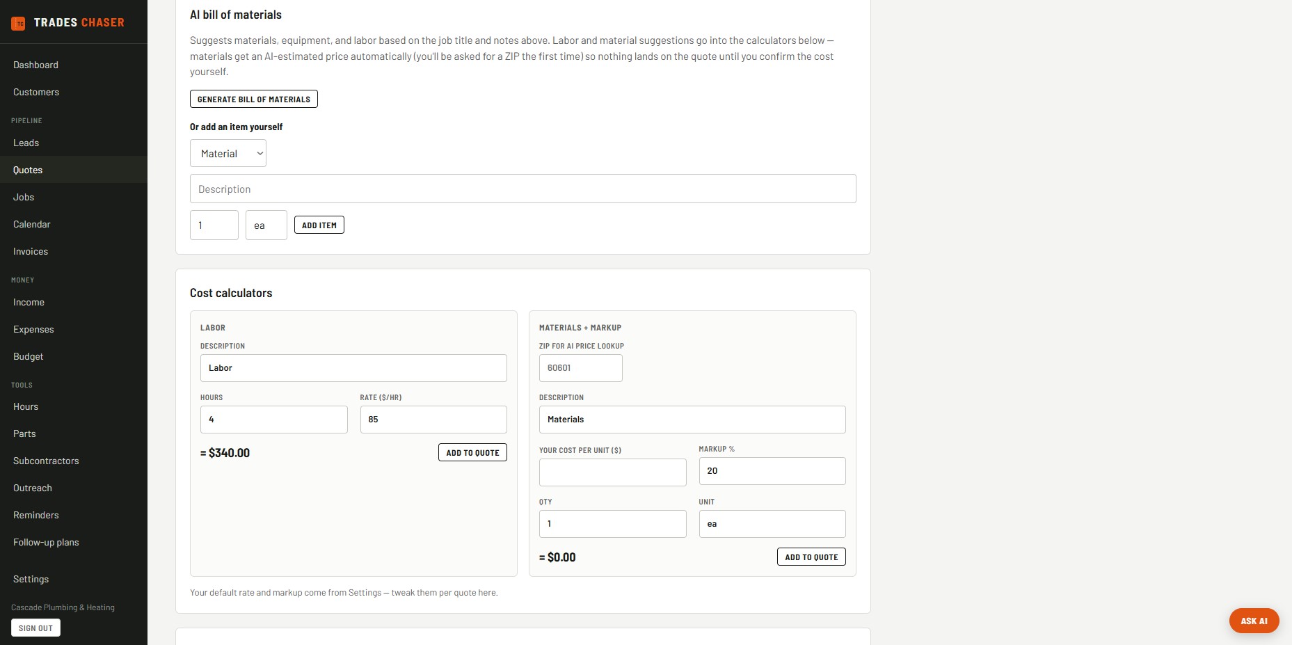 Trades Chaser quote builder with AI bill of materials